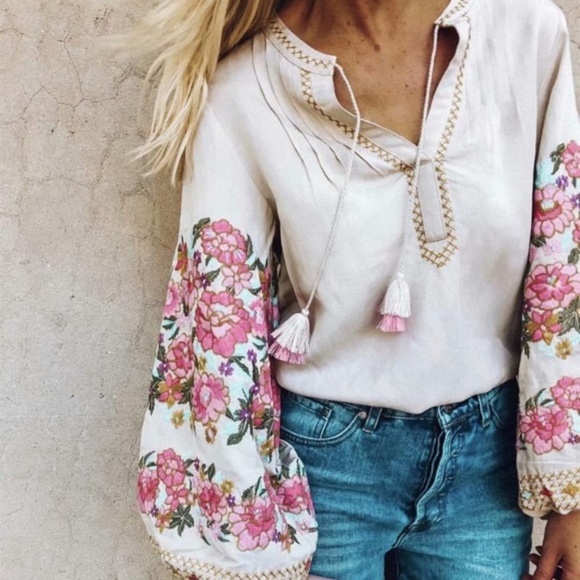 Shop Fig Tops - New Embroidered Bohemian Tassel Blouse